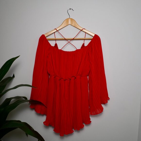 Rare London Red Pleated Off-Shoulder Romper with Bell Sleeves - Picture 4 of 7